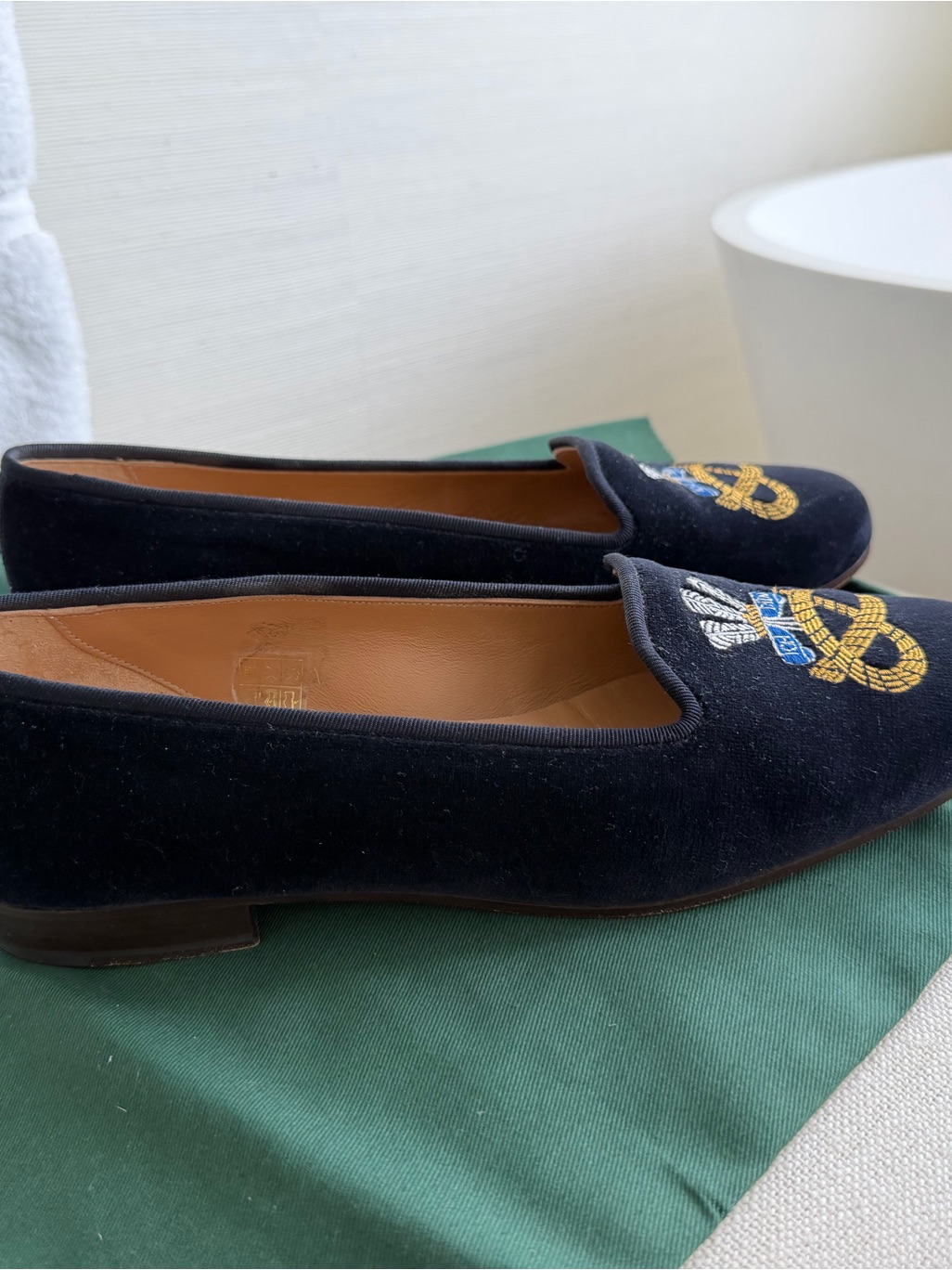 Stubbs & Wootton Navy Velvet Embroidered Loafers — image 8 of 8